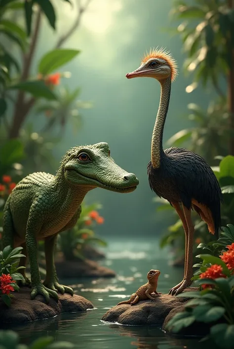 A crocodile, an ostrich and a gecko in one frame.