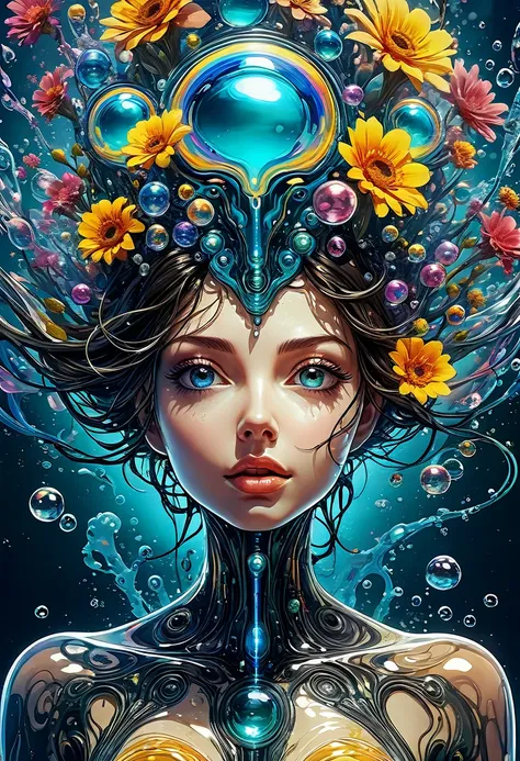 biomechanical yamer style style illustration beautiful woman, colorful melting human head. acrylic bubbles and flowers, ferroflu...