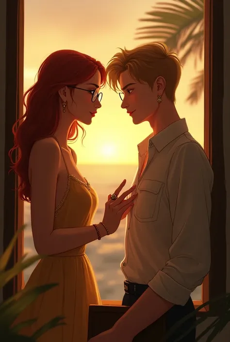 2 people, masterpiece, Melhor qualidade, modern, 1 woman, 24 years old, smile, pink lips, green eyes, thin round glasses , red hair, jewelry, looking at the window, delicate, demure vintage dress, Open book in the hand, five fingers on each hand, long red ...