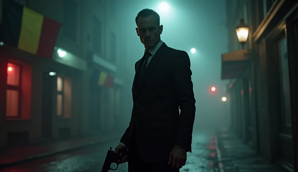 handsome Hitman agent47 in Belgium ,  dark city night, fog, holding a gun, belgium flag