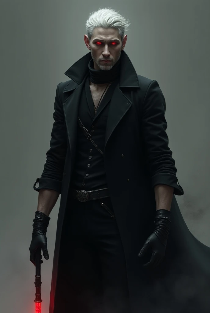 Black Elf, masculine gender, high,  white-haired,  in his hand crimson-colored red eyes, black clothes, black gloves,  and a staff , Make him stand showing his whole body