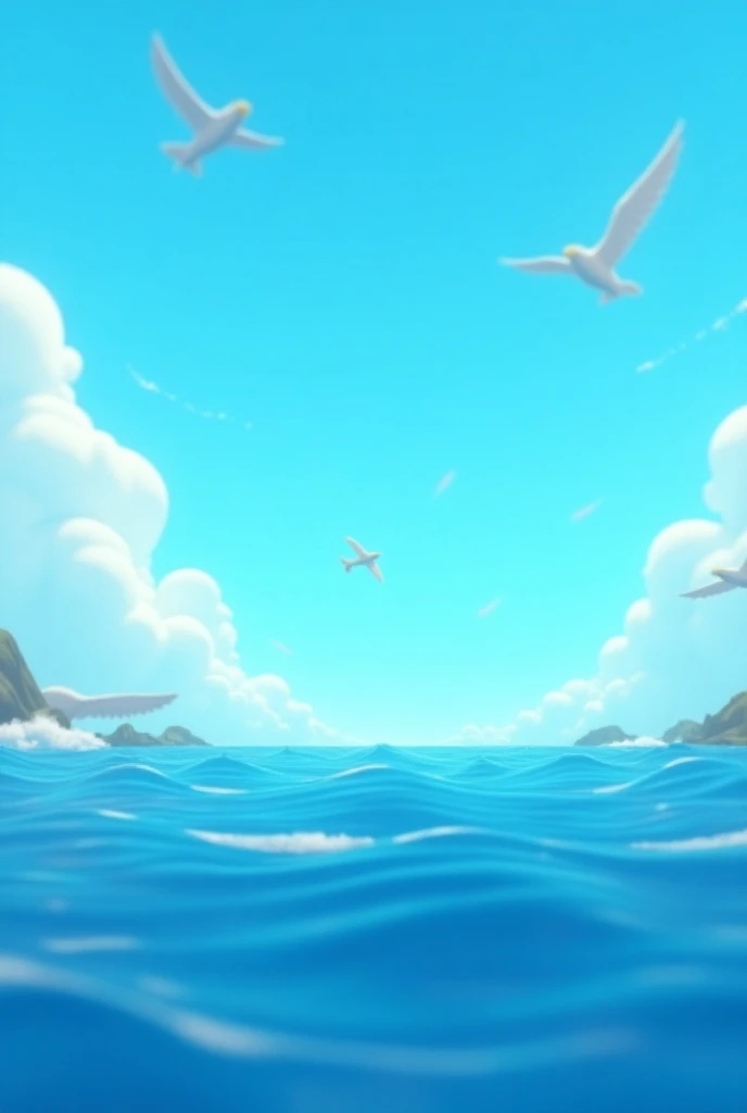 Cartoonic image of Blue is the ocean, deep and wide,
The sky where birds and airplanes glide in 3d animation 