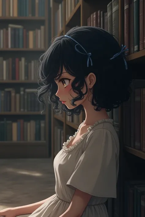 Black-haired girl curly on her back in a library without showing her face in a modest dress sitting with blue ribbon in her hair
