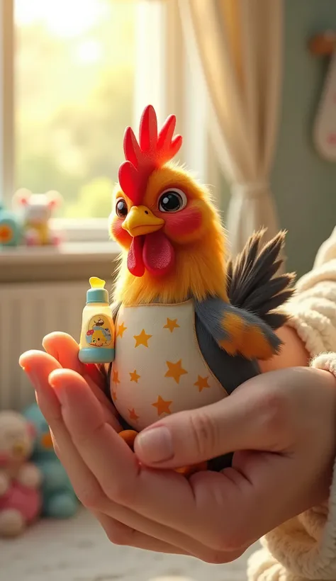 In a cozy, softly lit nursery, a small, colorful rooster sits comfortably in the gentle embrace of a large, nurturing hand. The rooster, with its vibrant plumage of rich reds, sunny yellows, and deep blacks, exudes a lively spirit. Wearing adorable newborn...