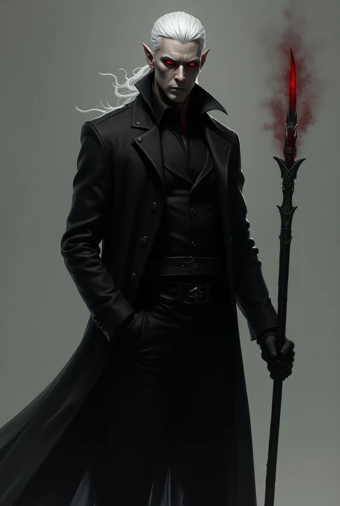 Black Elf, masculine gender, high,  white-haired,  in his hand crimson-colored red eyes, black clothes, black gloves,  and a staff , Make him stand showing his whole body