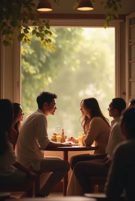 
A loving married couple and their friends are sitting in a café, where everything has a spiritual atmosphere. The man is Asian, and the woman is North African with light brown skin.