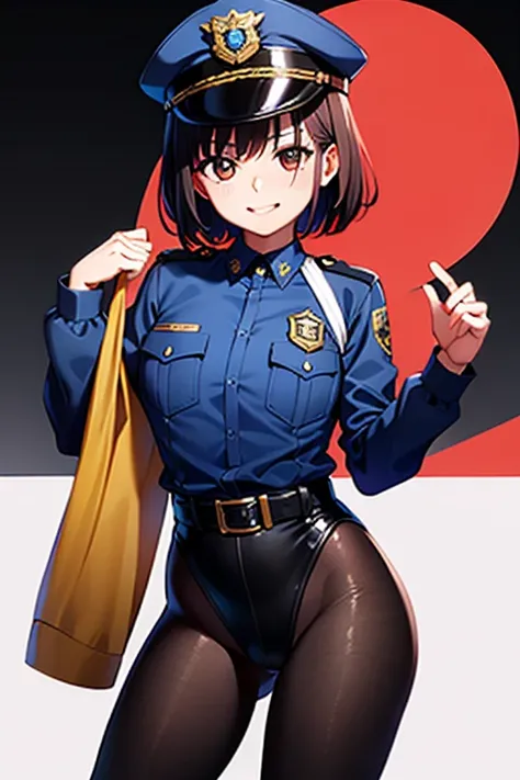 Mikoto Urabe ,BCop, belt, policewoman, leotard, black tigfhts, police hat, peaked cap, calm smile