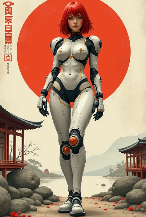 And old japanese draw, of a woman cyborg, redhead, robotic parts, thick legs, wide hips, small waist 