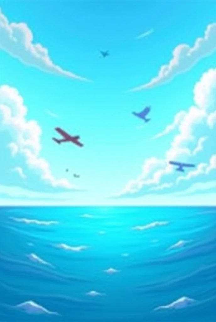 Cartoonic image of Blue is the ocean, deep and wide,
The sky where birds and airplanes glide 