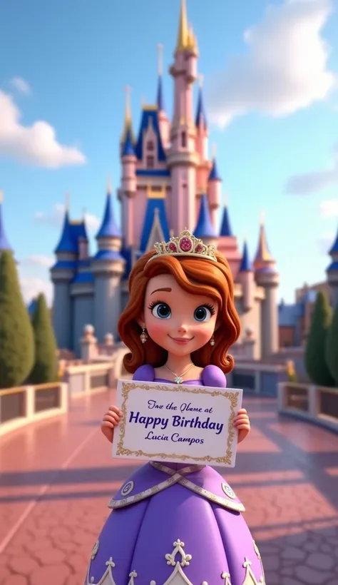 Princess Sofia at Disney Castle with a sign reading "feliz cumpleaños Lucia Campos"With the text "feliz cumpleaños Lucia Campos"