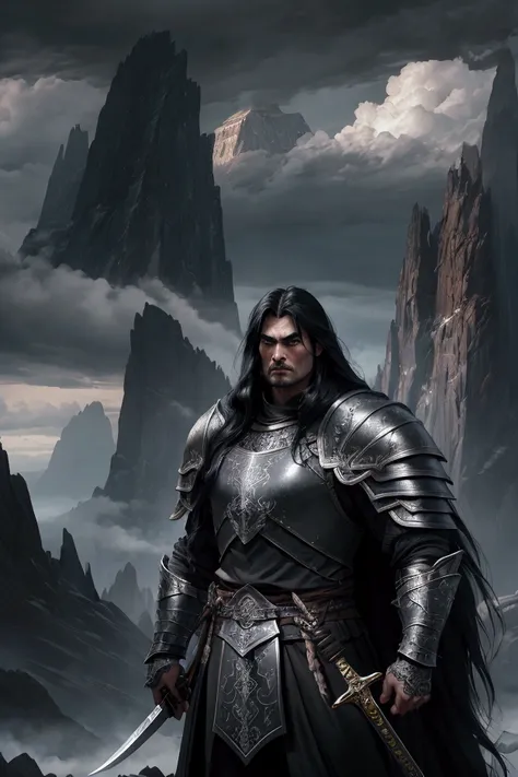 a tall warrior with long black hair, muscular build, wearing heavy armor, holding a large sword, in a dark fantasy landscape with mountains, clouds, and a dramatic sky, highly detailed, cinematic lighting, intricate details, 4k, masterpiece, digital art