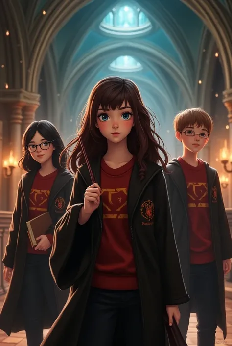  A Hogwarts witch wearing a Gryffindor school uniform with long wavy brown hair with fringe on the side ,  with blue eyes full body , setting in the main hall ,  scenery in high resolution and high attention to detail holding a wand next to a black witch w...