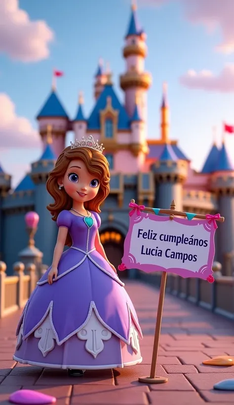 Princess Sofia at Disney Castle with a sign that reads "feliz cumpleaños Lucia Campos" with the Text "feliz cumpleaños Lucia Campos"