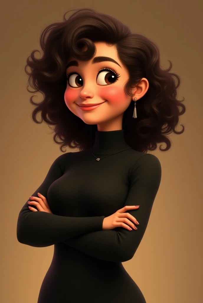  Chubby brunette Disney Pixar female avatar, from curly hair to the shoulder ,  crossed arms wearing a black turtleneck. 