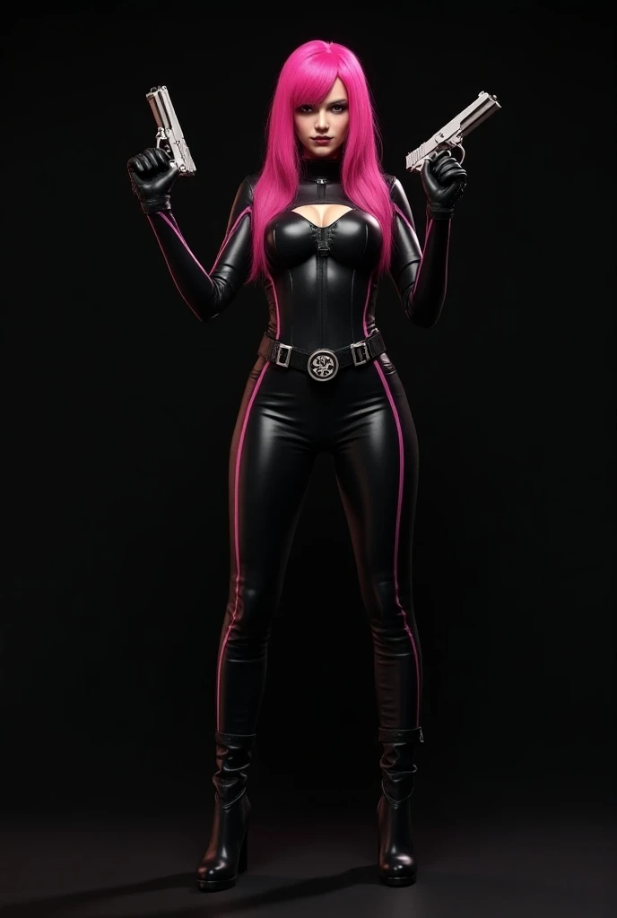 Katrina Law , Realistic image,  in a super tight black latex suit,  with pink lines on the ,  with a musical symbol on her belt , with two guns, pink hair, 