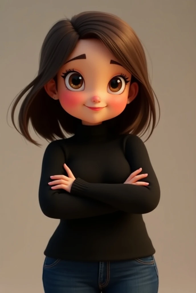  Chubby brunette Disney Pixar female avatar, from straight hair to the shoulder,  crossed arms wearing a black turtleneck. 