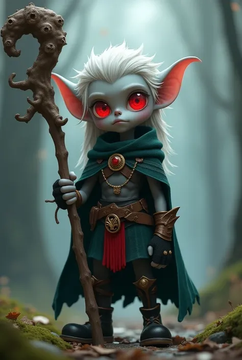 A cartoon-style character,  masculine, An elf, gray skin,  white-haired,  crimson red eyes , upright posture. He wears Gloves ,  and has a large staff in his hand
