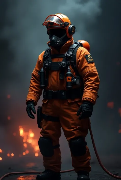 Create a military fireman in realistic 3D and write in very thick neon mode "Benjamin" sur fond noir sur le theme pompier