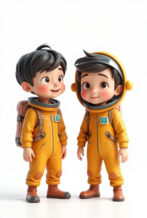 Two kids standing short hair, wearing a space costume, , white background, barnet, Tom, Pixar style, ....3d, cartoons, detailed face, asymmetric 16k