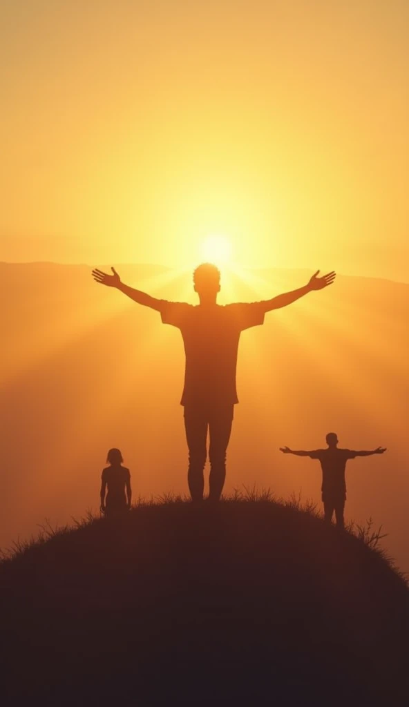 A person standing on a hill at dawn , with open arms,  receiving the sunlight that emerges on the horizon . In the background,  various silhouettes of other people in different postures of contemplation and inspiration , looking at the sunrise.  The soft l...