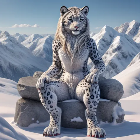 full body, snow leopard, female, sits, fuzzy, front view, left hand on left leg, right hand on right leg, with mane,  4 fingers ...