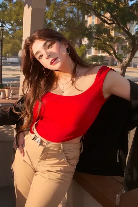 woman in red shirt and khaki pants posing for a photo, profile picture, profile picture, 19 year old girl, her belly button is exposed, profile picture, very quality image, very low, beautiful afternoon lighting, shot in 2022, taken in the early 2020s, wea...