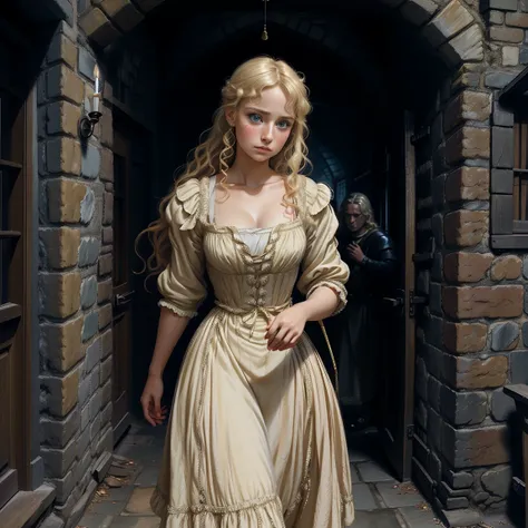 Young woman with a childlike face. elegant, sober. sad look, crying. Renaissance era. Beautiful dress, party dress, with neckline.  Blonde woman , beautiful, wavy hair,  accompanied by an archer man, Adventurous. walks resolutely, along a medieval street