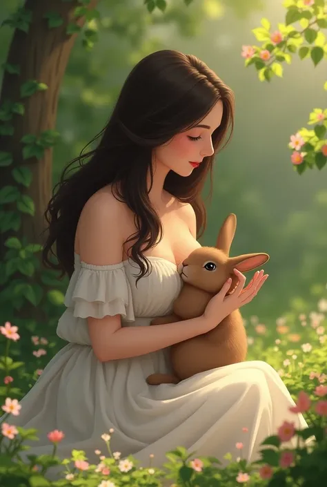 femme brune, cheveux long, assise dans le jardin avec un lapin marron dans les bras