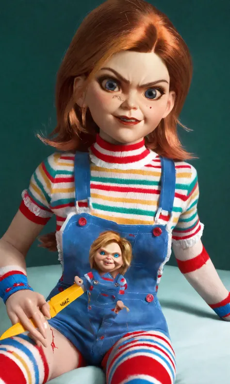 A sexy mature Kate Mara, age 20, playing the role of Chucky, wearing a scandalous sexy body paint only costume themed after Chuckys costume, Kate has large cracks and breaks in her skin crudely sewn or stitched back together in places marring her perfect p...