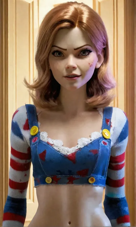 A sexy mature Kate Mara, age 20, playing the role of Chucky, wearing a scandalous sexy body paint only costume themed after Chuckys costume, Kate has large cracks and breaks in her skin crudely sewn or stitched back together in places marring her perfect p...