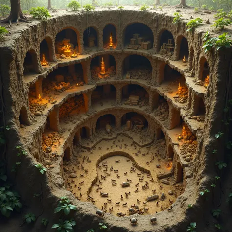 Ultra-detailed, cutaway view of a massive underground ant colony, a labyrinth of interconnected tunnels and chambers carved deep into the earth. The walls of the tunnels are lined with intricate patterns and textures, revealing layers of soil, roots, and m...