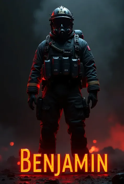 Create a military fireman in realistic 3D and write in very thick neon mode "Benjamin" sur fond noir sur le theme pompier