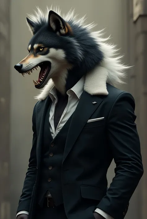 Um lobo furry, black and white, With mohawk, wearing a suit 