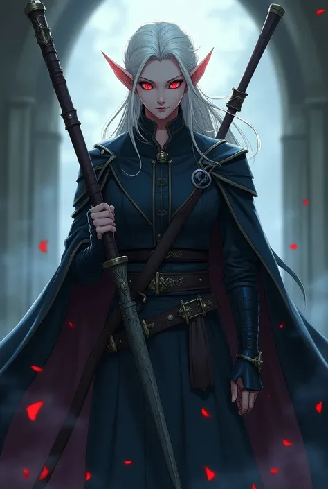 an anime style character, An elf, gray skin,  white-haired,  crimson red eyes , upright posture. He wears Gloves ,  and has a large staff in his hand
