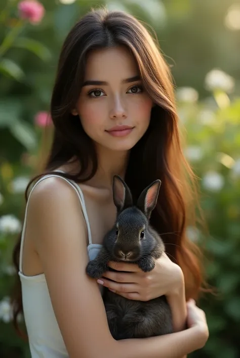 brunette woman, long hair, sitting in the garden with a dark brown rabbit in her arms, selfie