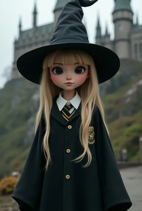 A skinny girl, long, very light blond hair and bangs in the middle of the forehead,  round, perky nose , pale skin, black eyes, Hogwarts students ,  with the schools initial black robes and a pointed black hat