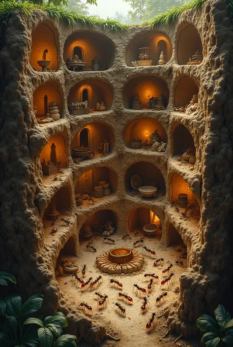 Ultra-detailed, cutaway view of a massive underground ant colony, a labyrinth of interconnected tunnels and chambers carved deep into the earth. The walls of the tunnels are lined with intricate patterns and textures, revealing layers of soil, roots, and m...