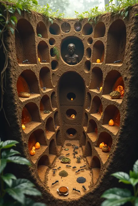 Ultra-detailed, cutaway view of a massive underground ant colony, a labyrinth of interconnected tunnels and chambers carved deep into the earth. The walls of the tunnels are lined with intricate patterns and textures, revealing layers of soil, roots, and m...