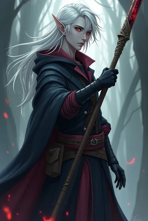 an anime style character, An elf, gray skin,  white-haired,  crimson red eyes , upright posture. He wears Gloves ,  and has a large staff in his hand
