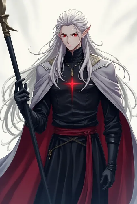 An anime style male character, An elf, gray skin,  white-haired,  crimson red eyes , upright posture. He wears Gloves ,  and has a large staff in his hand
