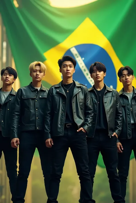 Armys from BTS with the Brazilian flag behind them