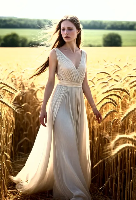 Depict a mysterious and ethereal female figure, standing tall in the middle of a sun-drenched, golden wheat field. At the same time terrifying, tempting, and alluring. The heat of noon shimmers around her, distorting the air as if reality itself is bending...