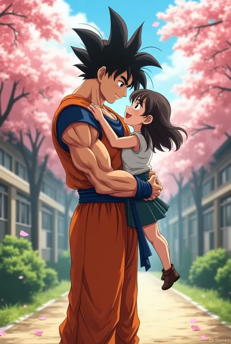 Goku and Anya forger hugging at a school 