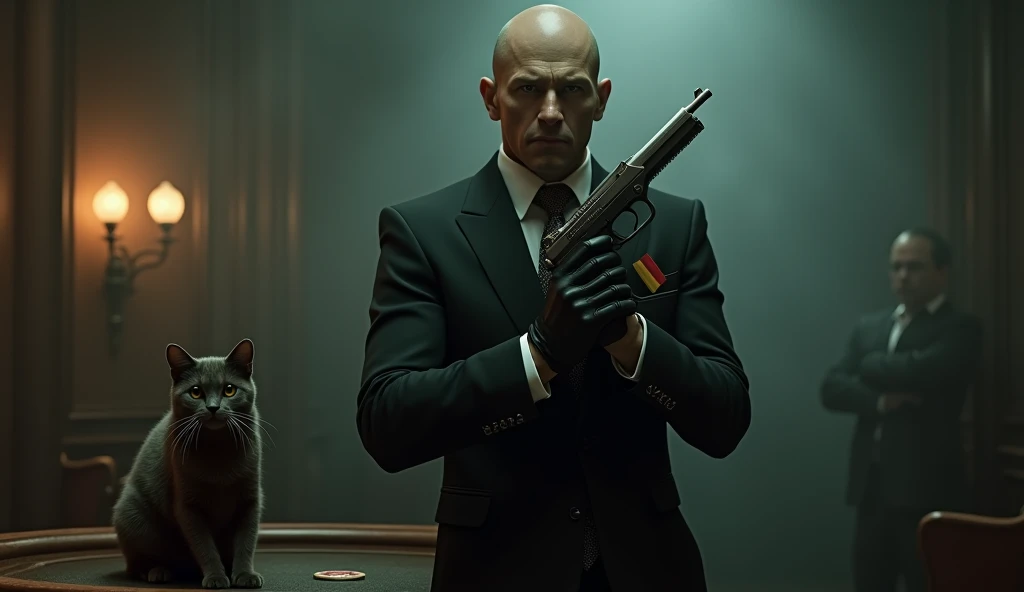 handsome Hitman agent47 in Belgium ,  bald, dark casino, fog, holding a gun in both hands,  facing you, black leather gloves belgium flag, AMERICAN WIREHAIR CAT