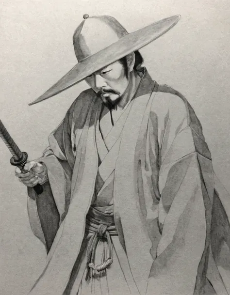  a drawing of a man with a sword and a hat, Inspired by Ma Shi,  inspired by Kanō Sanraku , Samurai jedi, Inspired by Kawabata Ryūshi, inspirado por Koryusai Isoda,  inspired by Gyoshū Hayami, inspired by Kanō Hōgai , inspired by Fan Kuan 