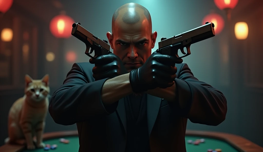 handsome Hitman agent47 in Belgium ,  bald, dark casino, fog, holding a gun in both hands,  facing you, black leather gloves belgium flag, AMERICAN WIREHAIR CAT