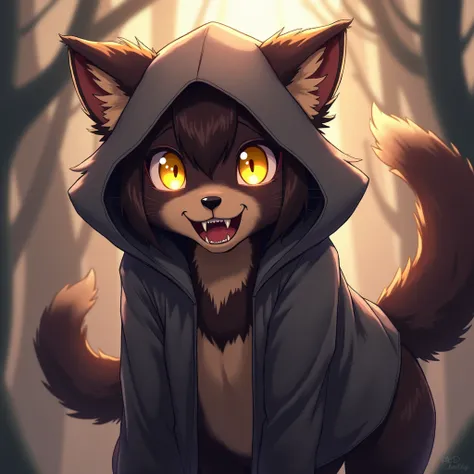 female humanoid mink, dark brown fur, glowing yellow eyes, grey hoodie, cute, dark brown belly, dark brown cheeks, dark brown neck, presenting mouth, fangs, sharp teeth, Masterpiece, Anime, 