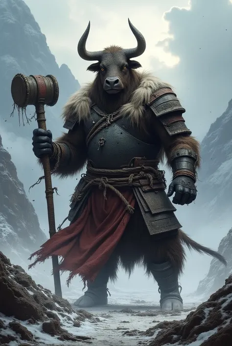 A massive, muscular yak, standing tall with thick fur matted with blood and dirt, its horns chipped from countless battles. The yak wears battle-damaged Mongolian warrior armor, with a torn cloak billowing in the wind, and a dented crown on its head. Its e...