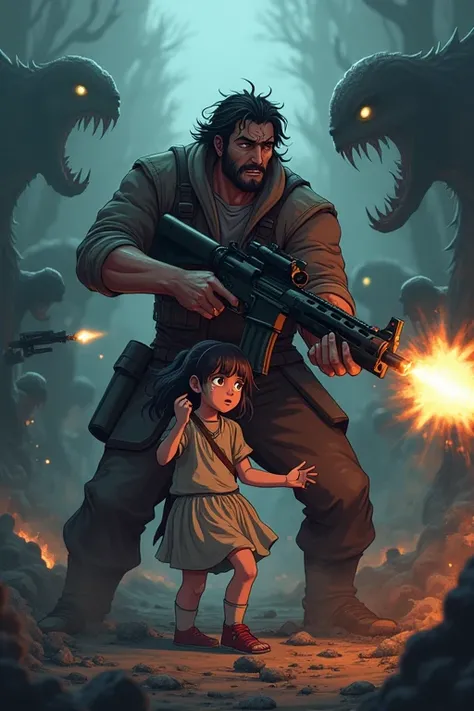 Create an anime of a character shooting at monsters that comes from every direction, he is protecting his little daughter who is crying under her legs.