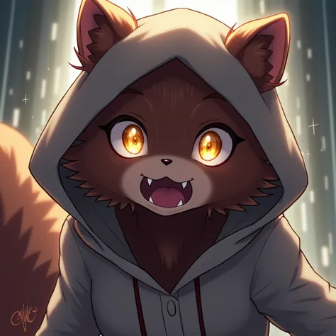 female humanoid mink, dark brown fur, glowing yellow eyes, grey hoodie, cute, dark brown belly, dark brown cheeks, dark brown neck, presenting mouth, fangs, sharp teeth, Masterpiece, Anime, 